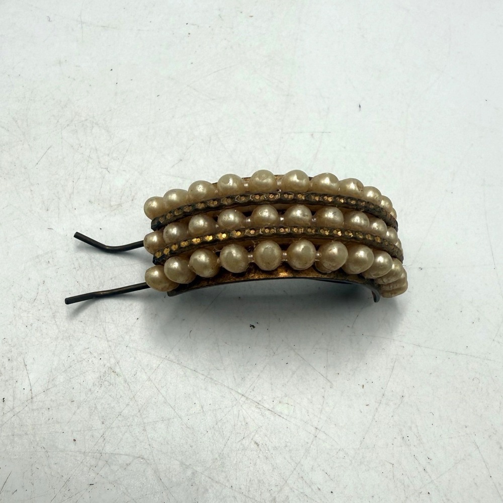 Vintage Faux Pearl Rhinestone Curved Hair Clip Bronze Tone Clasp Accessory